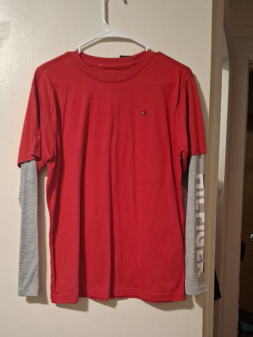 Tommy Hilfiger Red Tee with Gray Layered Sleeves
